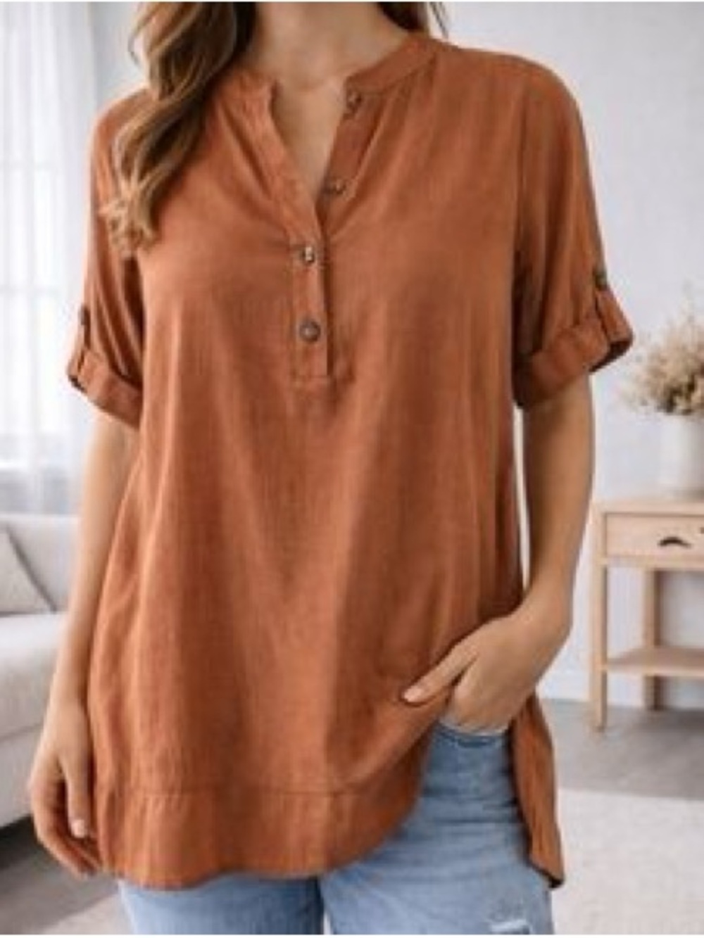 Rust Split-Neck Button Tunic Blouse - Picture 7 of 7